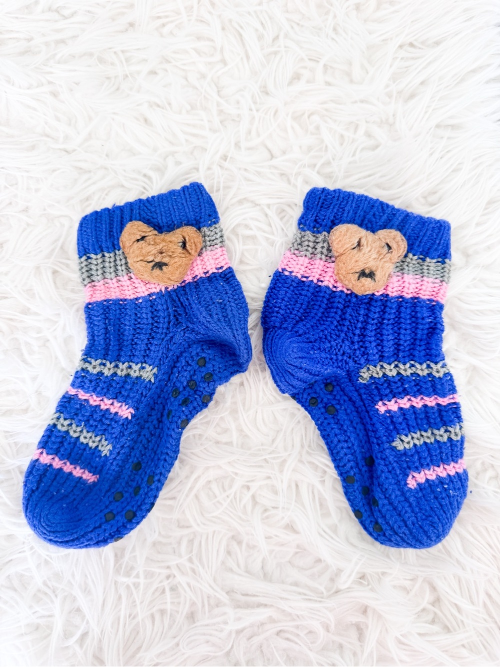 Cozy Bear Gripper Slipper Socks Blue Pink One Size